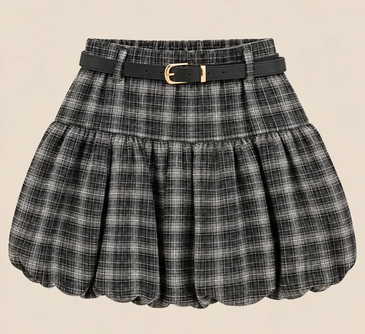 Falda pantalón negra de cuadros, abullonada con cinturón