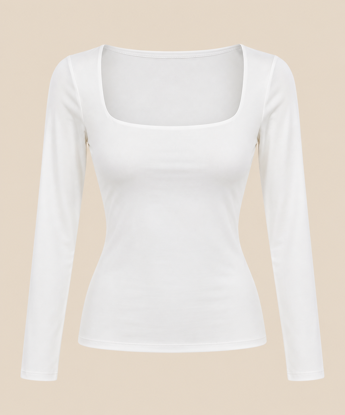 Top mujer de manga larga de licra, cuello a la caja, color blanco