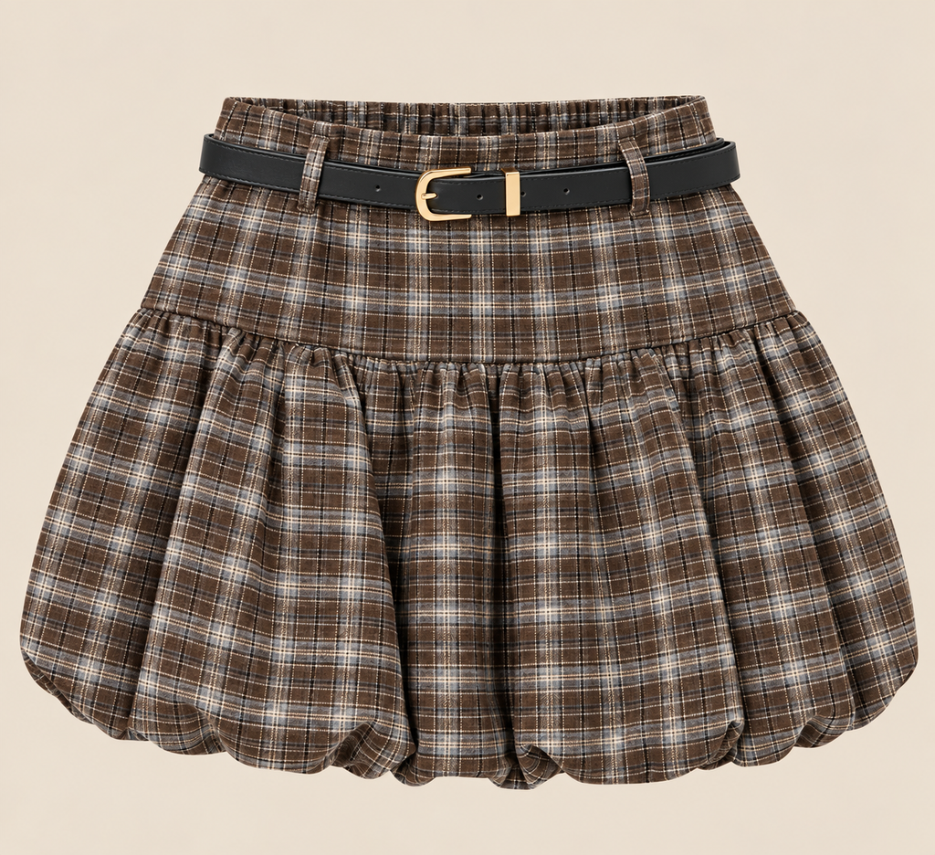 Falda pantalón marrón de cuadros, abullonada con cinturón