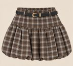 Falda pantalón marrón de cuadros, abullonada con cinturón