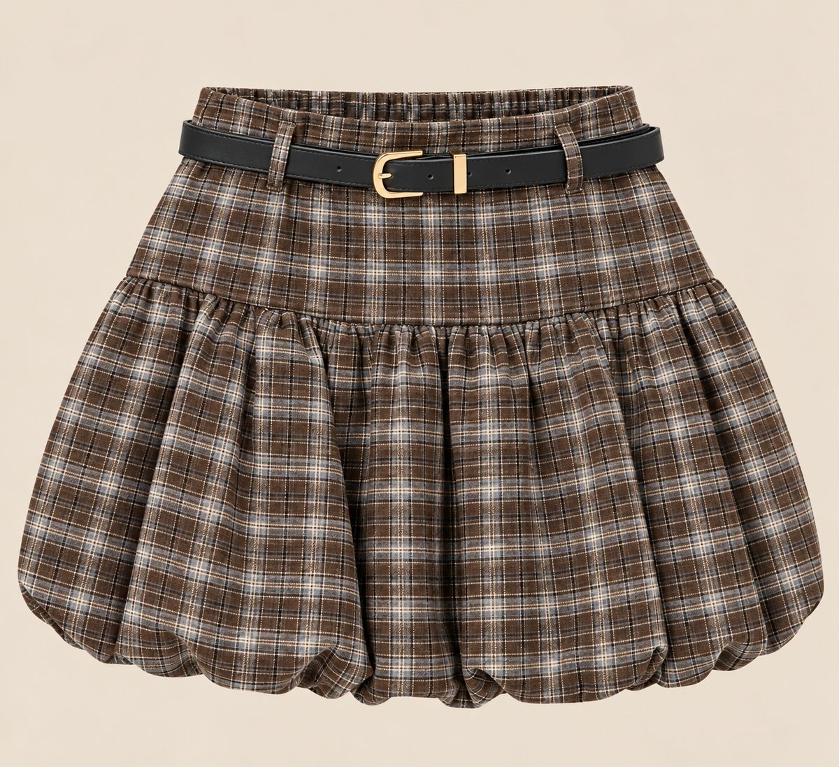 Falda pantalón marrón de cuadros, abullonada con cinturón