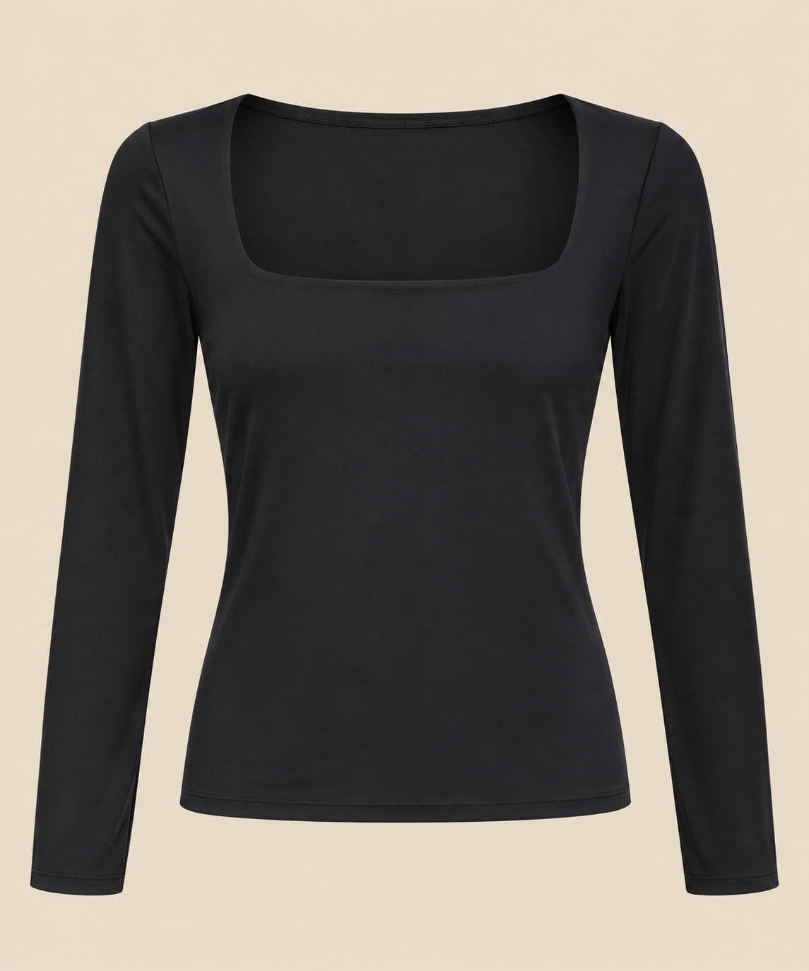 Top mujer de manga larga de licra, cuello a la caja, color negro
