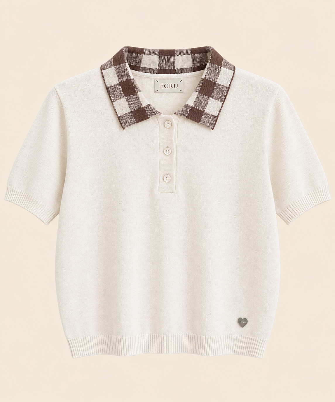 Polo de mujer, de manga corta, de punto, con botones, cuello con detalle de cuadros marrones, color beige